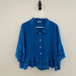 Puro Lino Italian Linen Eyelet Blouse - Coastal Blue Bell Sleeve Top - M/L